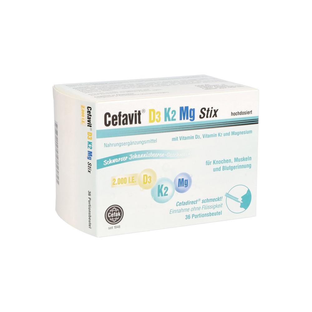 Packung eines Nahrungsergänzungsmittels mit Vitamin D3, K2 und Magnesium.